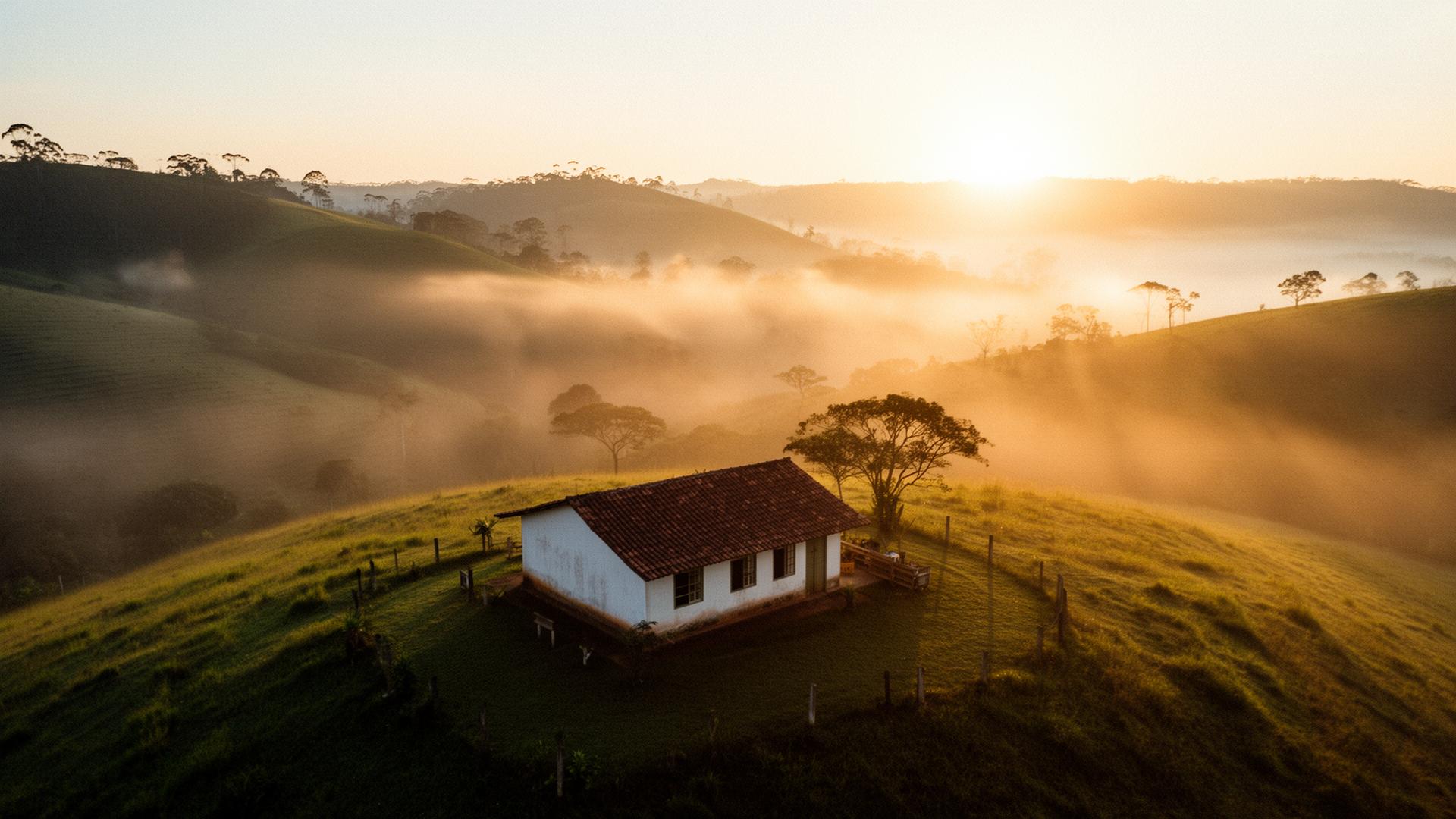 Sítio coberto pela neblina ao amanhecer